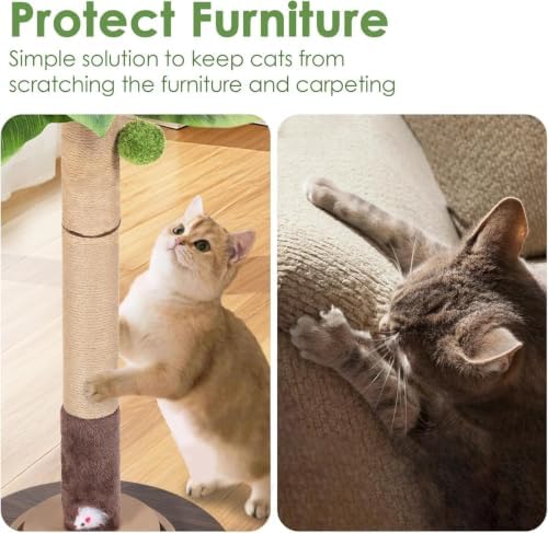 40" Cat Scratching Post, Natural Sisal Rope Cat Scratcher Tree, Cat Scratcher Post with Hanging Ball, Heavy-Duty Wood Base with Mouse Hole & Ball Track for Kitten & Adult Cats