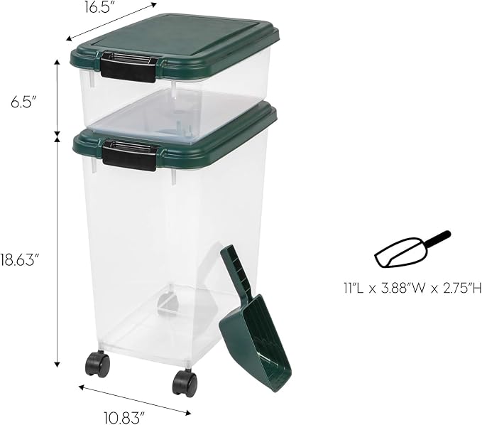 IRIS USA Airtight Pet Food Container, Up to 30 lbs & 11 lbs, Green | Airtight Seal, BPA-Free, 2-Cup Scoop, Stackable Design, Rolling Wheels, Dual Storage