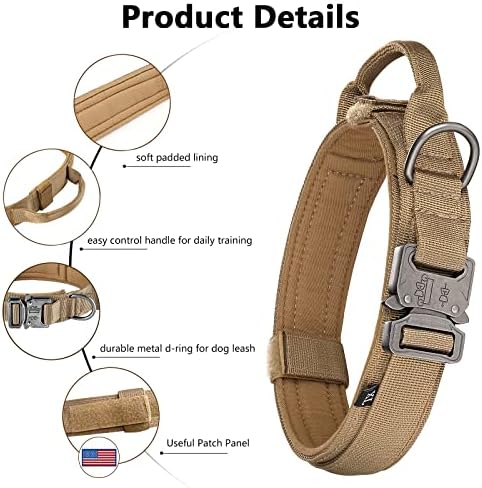 DAGANXI Tactical Dog Collar Leash Set, Adjustable Military Training Nylon Dog Collar with Controll Handle and Heavy Metal Buckle for Medium and Large Dogs，with Patches and Airtags Case (XL, Brown-SET)