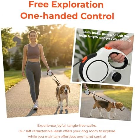 16ft Retractable Dog Leash for Medium Dogs up to 66 lbs, White