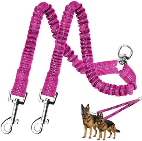MingXpet 2 Dog Leash, Dog Leash for 2 Dogs, 360° Swivel No Tangle Double Walking Training Leashes for Large Dogs that Pull, Comfortable Shock Absorbing Reflective Bungee, Rose