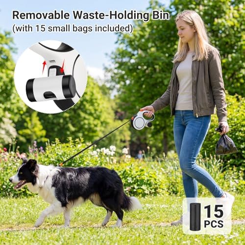 Segarty 16 Ft 360°Tangle-Free Leash with Detachable Waste Bag Holder, Retractable Dog Lead for Pet up to 66 Lbs, 5m White Walking Leash with Anti-Slip Handle & One-Handed Brake Pause Lock for Outdoors