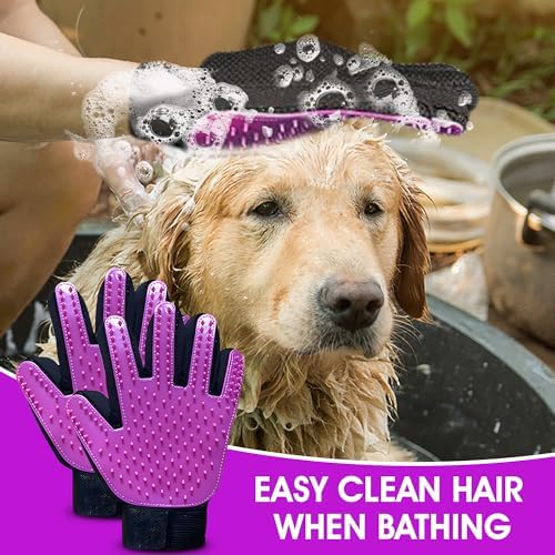 Upgrade Pet Grooming Gloves, Grooming Gloves for Dogs, Cats, Rabbits & Horses with Long and Short Hair, Efficient Pets Hair Remover Mittens - 1 Pair (Purple)