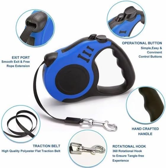 Retractable Dog Leash, Blue, 16.5 Ft, Polyester Flat Traction Belt, 360 Rotational Tangle-Free Hook, One-Button Brake and Lock, for Small and Medium Dogs up to 33 lbs