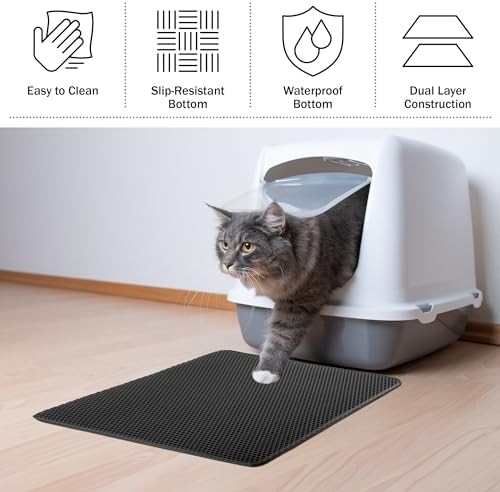 Cat Litter Mat - 24x15 Waterproof Litter Box Mat with Dual-Layer Honeycomb Design for Trapping Litter - Slip-Resistant Cat Mat by PETMAKER (Black) (Pack of 2)