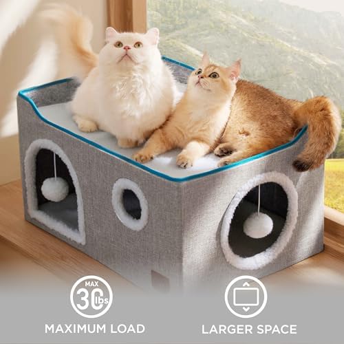 Bedsure Extra Wide Cat House Bed with Fluffy Ball and Scratch Pad,Grey