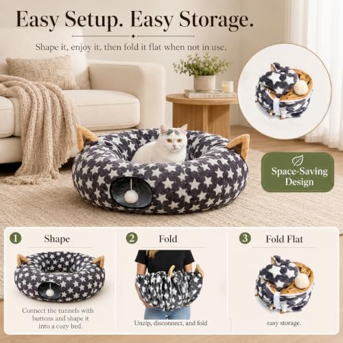 Large Cat Tunnel Bed Under Christmas Tree with Fluffy Toy Balls, Small Cushion and Flexible Design- 10 inch Diameter, 3 ft Length- Great for Cats, and Small Dogs, Gray Star Pattern