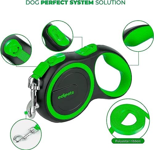 Retractable Extendable Dog Leash, 3, 5 and 8 Metres, Flexible Tape for Training and Walking, with Lock and Brake, Design and Comfortable Grip (8 Metres, Green)