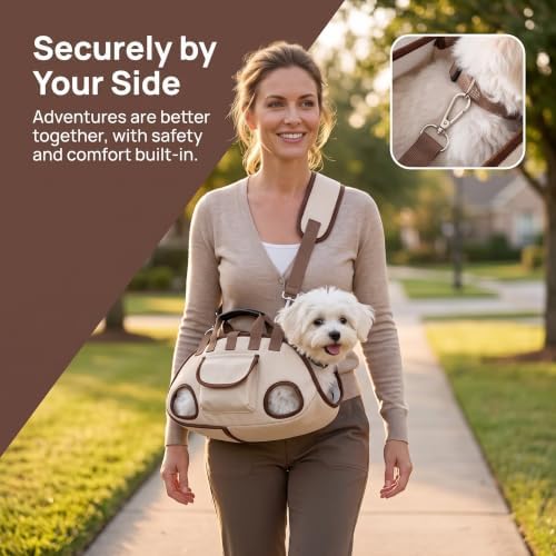 Pawzie Purse Dog Carrier, Breathable Crossbody Pet Sling Bag for Dogs & Cats, Convertible Backpack Shoulder Bag for Travel, Hands-Free Carrier with Safety Leash Clip & Storage Pocket(Beige, Small)