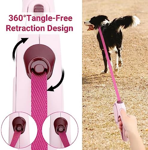 Segarty Dog Retractable Leash, 16ft Heavy Duty Walking Dog Leash for Medium Small Pet up to 44lb, Anti-Slip Handle 360°Tangle-Free Nylon Tape, 1-Handed 1 Button Lock and Release (Pink Wine)