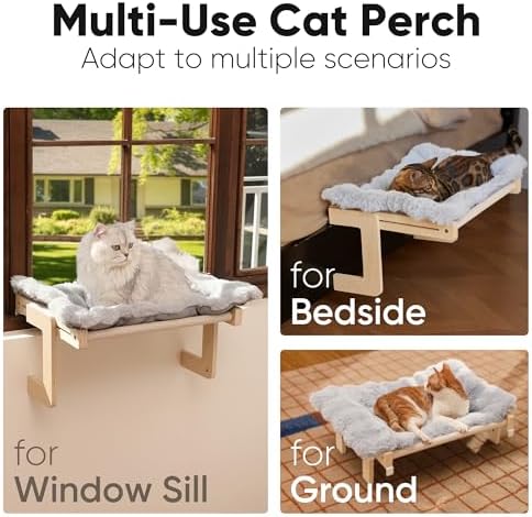 FUKUMARU Cat Window Perch, Sturdy Wood Hammock Window Bed for Indoor Cats