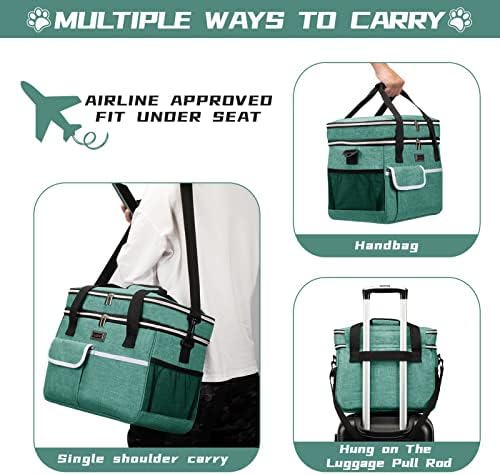 BAGLHER Dog Travel Bag for Supplies - Double-Layer Airline Approved Weekend Pet Travel Organizer Set for Dog and Cat Tote with 2 Pet Food Containers and 2 Collapsible Silicone Bowls Green