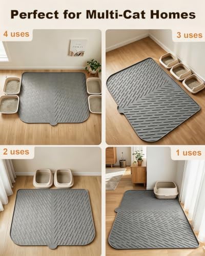 Cat Litter Box Mat, 37" x 28" Extra Large Silicone Cat Litter Mat with Drain Hole, Waterproof Litter Trapping Mat for Scatter Control, Non-Slip, Soft on Kitty Paws, Easy to Clean (Gray)