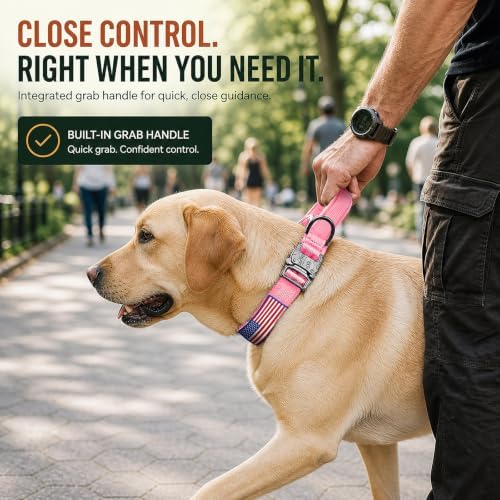 Pink Tactical Dog Collar with Handle, Heavy Duty for Female Dogs