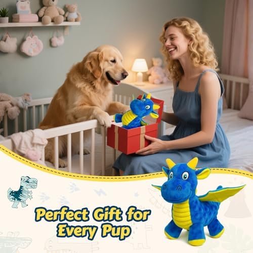 Squeaky Dog Toy - Plush Dragon with 5 Squeakers and Crinkle Wings