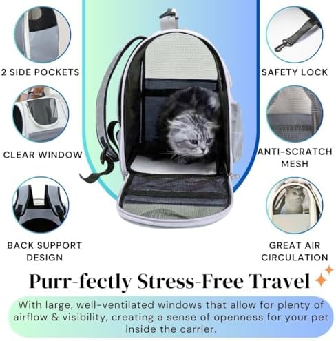 ClawsandPaws Spacious Cat Backpack Carrier, Portable Cat Carrier, Large Space for Pet, Backpack for Kitty Cat & Small Dogs up to 15lbs, Lightweight & Foldable Pet Carrier for Travel & Hiking (Grey)