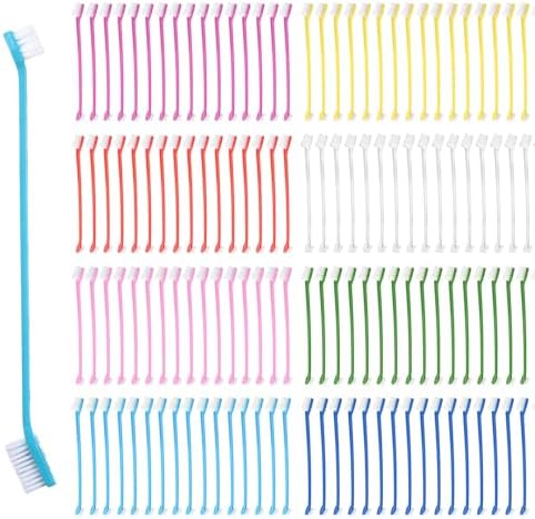 200Pcs Dog Toothbrushes, Dual Headed Dog Tooth Brush Bulk, Long Handle Plastic Pet Toothbrush for Large Small Dogs Cats Puppy Teeth Cleaning Dental Care Supplies 8 Colors