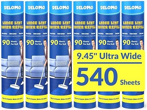 DELOMO 9.45” Large Lint Roller Refills, 6 Packs, 540 Extra Sticky Sheets