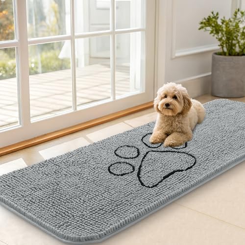 OLANLY Dog Door Mat for Muddy Paws 59x20, Paw Print Design Chenille Mud Mat