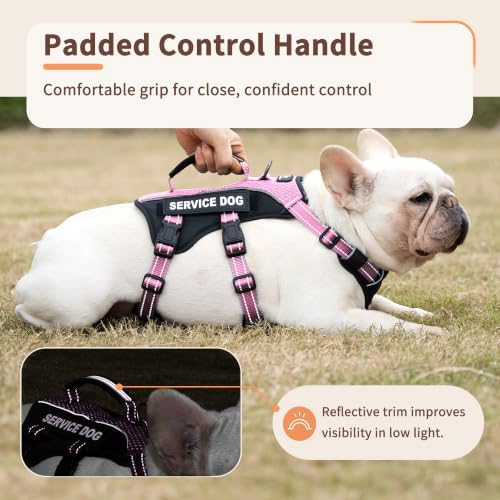 Huntboo Service Dog Vest Harness, Escape Proof Harness with 6 Patches, No-Pull, Reflective Harness with Handle, Adjustable for Small to Large Dogs, for Training and Hiking (Pink, M)