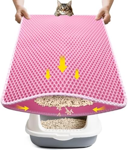 Double-Layer Cat Litter Trapper Mat - Heavy Duty Anti-Tracking Litter Box Mat with Deep Grooves & Waterproof Bottom - Stops Mess, Easy Clean (Pink,L)