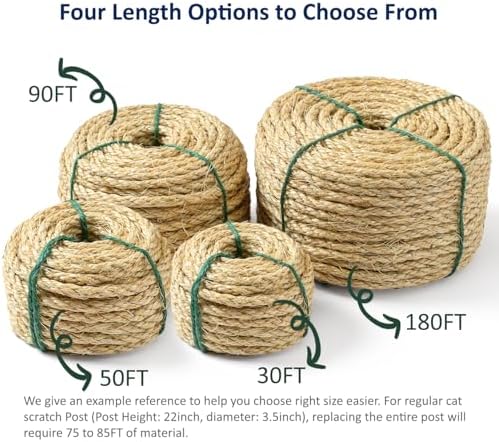 WePet Cat Natural Sisal Rope for Scratching Post Tree Replacement, Hemp Rope for Repairing, Recovering or DIY Scratcher, Natural Color, 180FT