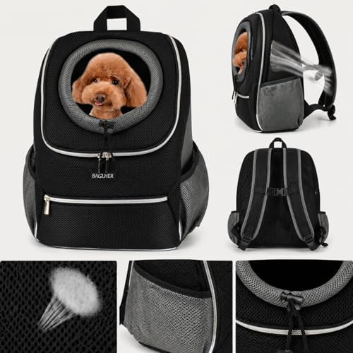 BAGLHER Dog Carrier Backpack for Small Dogs - Front Breathable Pet Backpack with Safety Buckle, Adjustable Hands-Free Design for Hiking, Cycling, Camping & Outdoor Use - Black, Size Large 10-14 lbs