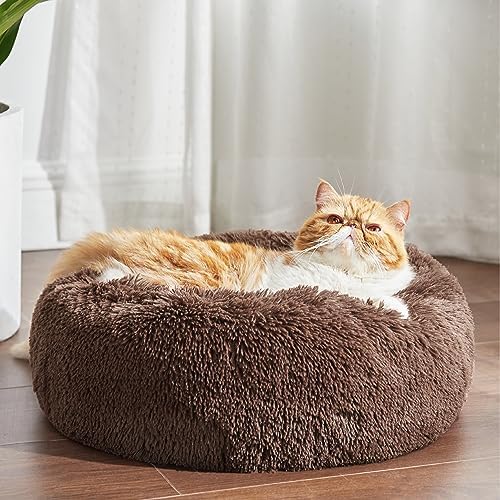 Bedsure Calming Cat Beds Donut Round Washable Kitten Bed,20 inches Coffee