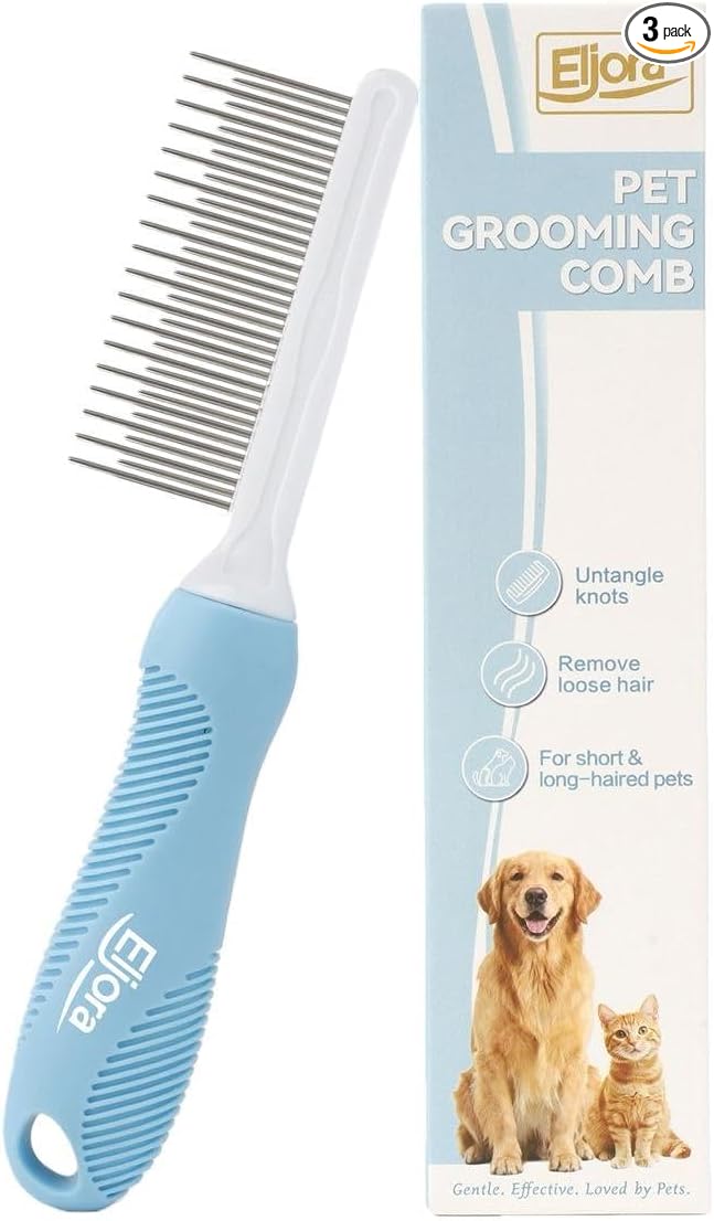Pet Grooming & Dematting Comb – Stainless Steel Teeth, Non-Slip Grip, Removes Mats & Tangles, Gentle Deshedding Tool for Long & Short Hair Dogs & Cats