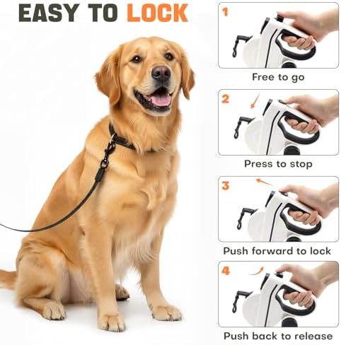 Retractable Dog Leash with LED Light & Reflective Tape for Night Walk, 16ft Dog Leash with Poop Bag Dispenser, Chew-Proof Steel Cable, One-Button Brake & Lock for Medium Dogs up to 66 lbs (BLK&WHT)