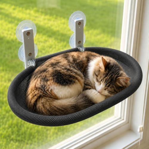 Foldable Cat Window Perch with Suction Cups & Black Breathable Mesh Cover