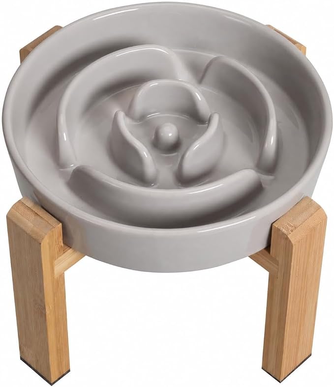 Elevated Slow Feeder Dog Bowl, 8.8 Inch Ceramic Feeding Bowl with Anti-Slip Bamboo Stand, Raised Maze Design for Slow Eating, Ideal Medium to Large Dogs, 3.2 Cup, Grey