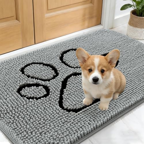 OLANLY Dog Door Mat for Muddy Paws 30x17, Paw Print Design Chenille Mud Mat