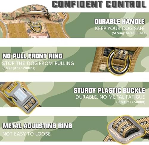 Auroth Tactical Dog Harness for Large Dogs No Pull Adjustable Pet Harness Reflective K9 Working Training Easy Control Pet Vest Military Service Dog Harnesses Woodland Camo XL