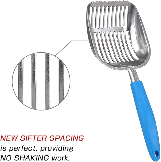 The Latest Update Metal Cat Litter Scoop POLISHING Blue Handle,Aluminum Alloy with TABS/Round Teeth Pet Kitty Litter Scooper