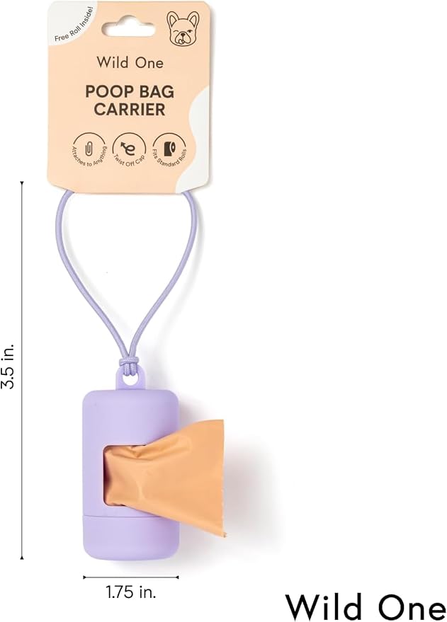 Wild One Dog Poop Bag Holder and Dispenser with Leash Attachment, Leak Proof, Easy Twist Top for Refills, Includes 1 Box Of Bags, Orchid