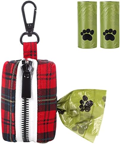 Lionet Paws Cute Dog Poop Bag Holder with Dog Poop Bag for Leash, Cotton Grid Dog Bag Dispenser, Matching Dog Collar