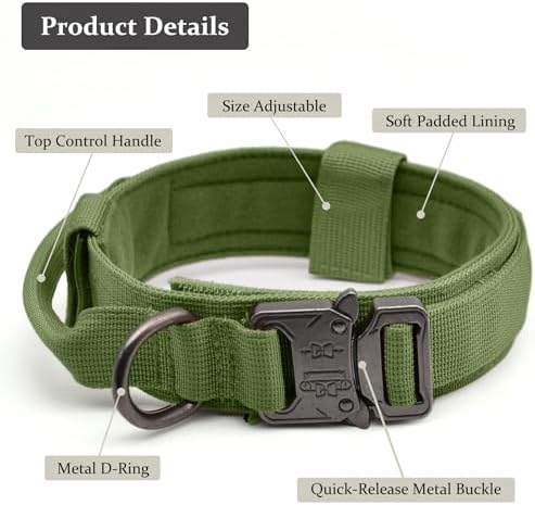 Tactical Dog Collar, Adjustable Military Training Nylon Pet Collar, Green L