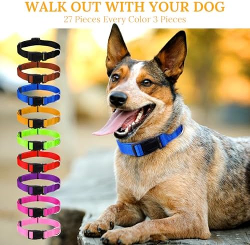 27 Pcs Dog Collars Bulk Adjustable Nylon Puppy Collars for Small Puppies with Quick Release Buckle - 9 Vibrant Colors Pet Collar for Daily Use and Training (Medium Size)