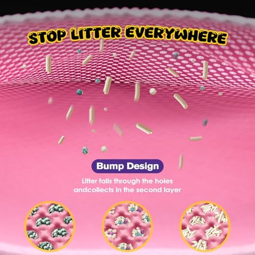Double-Layer Cat Litter Trapper Mat - Heavy Duty Anti-Tracking Litter Box Mat with Deep Grooves & Waterproof Bottom - Stops Mess, Easy Clean (Pink,L)