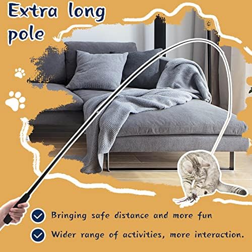 LELE LIFE 70'' Ultra Long Cat Wand Toy for Full Fun, Interactive Cat Toys for Indoor Cats Kitten, 2Pcs Retractable Flexible Poles and 8Pcs Cat Feather Toys Bell Teaser Refills, 2Pcs String Refills