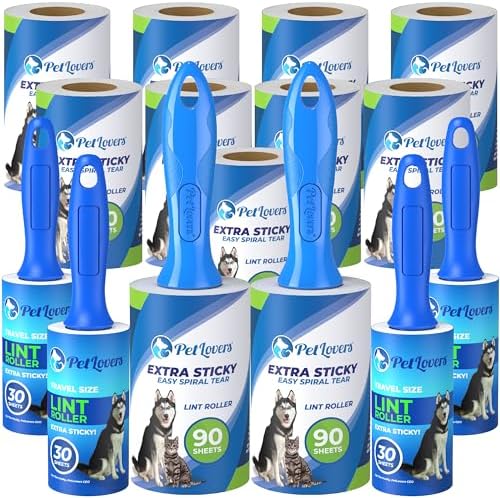 PetLovers Extra Sticky Lint Rollers Ultra Value Set 1110 Sheets, 9 Refills and 4 Travel Size Mini Rollers for Pet Hair, Dog and Cat Lint Removers