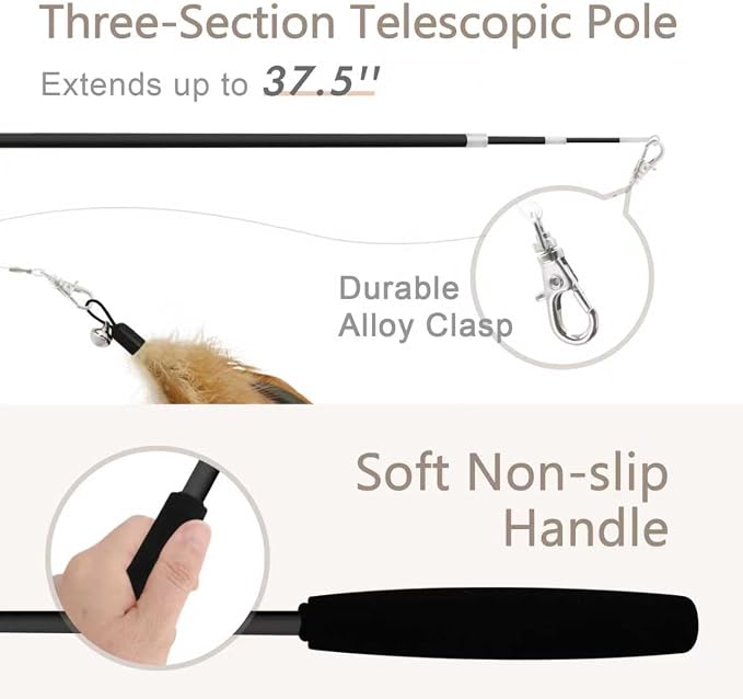 SONGWAY Interactive Cat Feather Toy Set - Retractable Teaser Wand with 6 Pcs Feather Refills with Bell, Cat Wand Toys for Indoor Cats Kittens Play Chase Exercise, Black