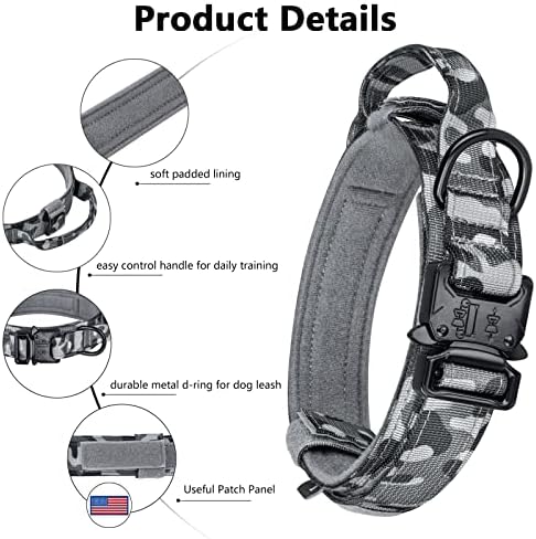 DAGANXI Tactical Dog Collar, Adjustable Military Training Nylon Dog Collar with Control Handle and Heavy Metal Buckle for Medium and Large Dogs, with Patches and Airtags Case (L, Camo-Set)