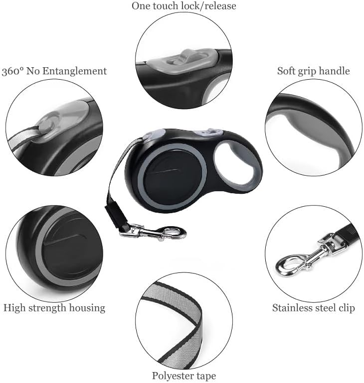 OUTnWILD Retractable Dog Leash, 16 ft Heavy Duty Dog Leash for Large Breeds/Pets Up to 110 lbs, 360° Tangle Free Design with One Touch Quick-Lock Braking System & Anti-Slip Handle. (Black, L)