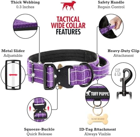 Tuff Pupper Tactical Dog Collar | Heavy Duty 1.5" Wide Ballistic Nylon | Training Control Handle | Quick-Release Metal Buckle | Reflective Bands | ID Tag Holder | Padded Inner Lining (Purple, Large)
