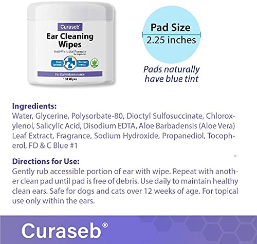 Curaseb Cat and Dog Ear Wipes – Cleans, Deodorizes and Soothes Ear Issues with Soothing Aloe Vera – Vet Strength – 100 Wipes