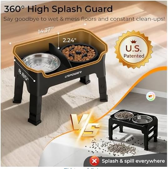URPOWER 3-in-1 Elevated Dog Bowls - Mess Proof Double Deck 4 Height Adjustable Raised Stand with 2 Stainless Steel Food Bowls & 1 Slow Feeder for Small Dogs
