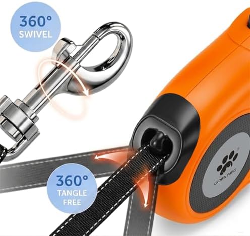 16 ft Retractable Dog Leash for Extra Large Dogs up to 130 lbs,Tangle-Free Nylon Tape,Orange Dan24 XL