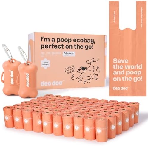 Deo Doo Dog Poop Bags with Handles, 720 Bags, 2 Dispensers, Peach Scented